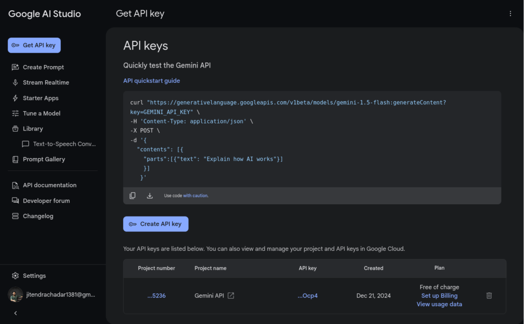 Google AI Studio Get API KEY for google gemini